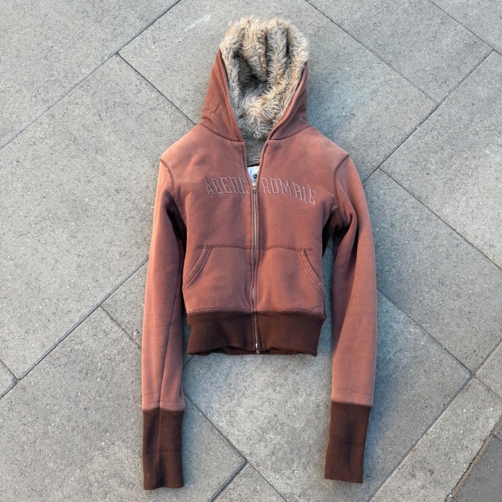 Abercrombie & Fitch Vintage Faux Fur Lined Zip Hoodie Brown Y2K Cropped Large
